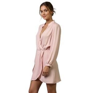 Tobi Dress Women Size S Soft Pink Long Sleeve Deep VNeck Pleated Waist Wrap Chic